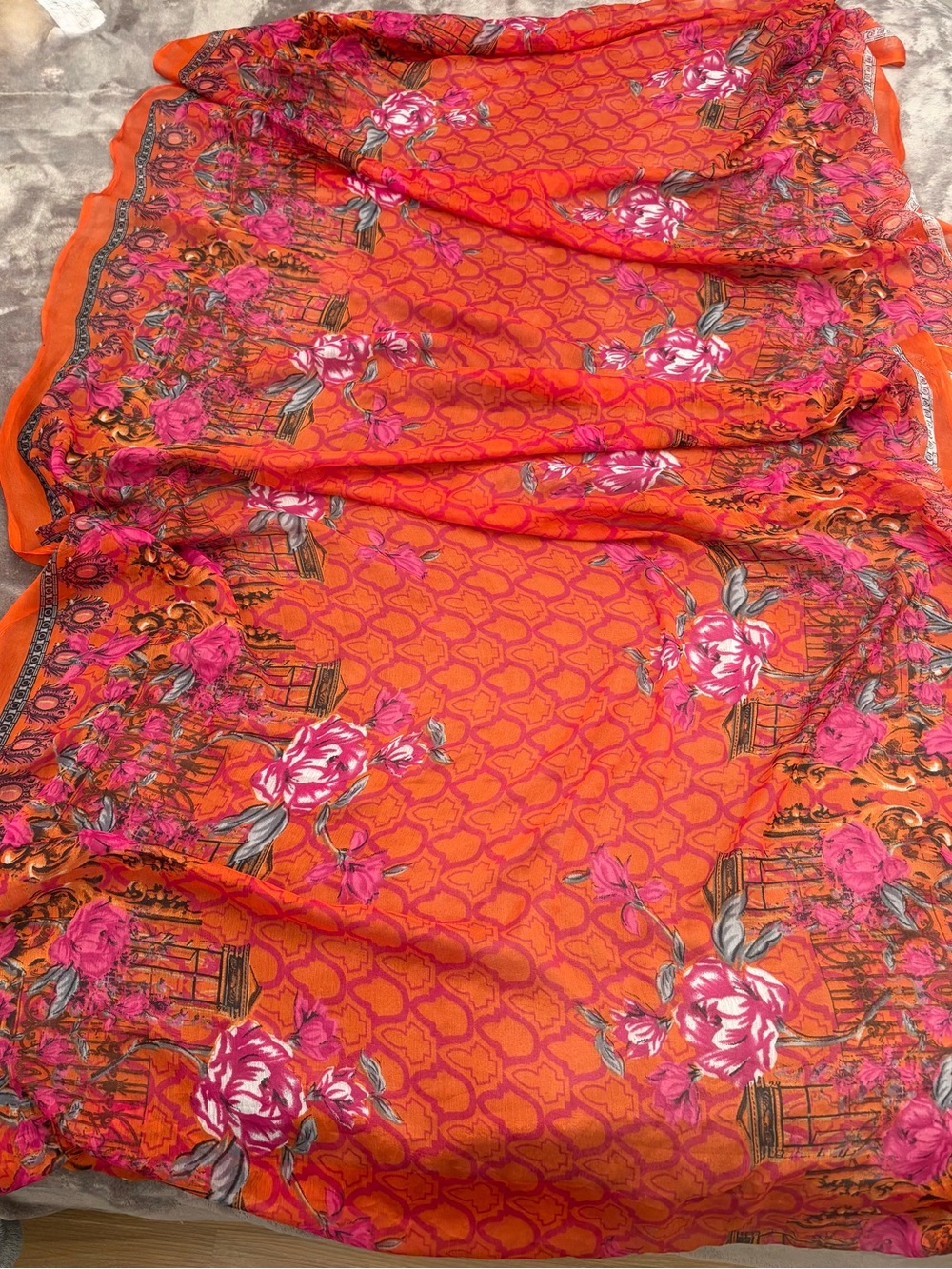 Vibrant Orange Floral Scarf - Women's Accessory